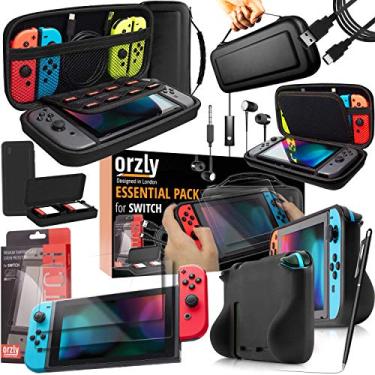 Imagem de Pacote de acessórios para interruptor Orzly – Inclui estojo de transporte Orzly para console Nintendo Switch, protetores de tela de vidro temperado, cabo de carregamento USB, capa para interruptores de jogos, capa de aderência confortável e fones de ouvido, Preto