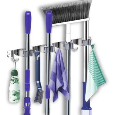 Imagem de Organizador de Vassouras e Utensílios, Suporte de Parede em Aço Inox, 9 Ganchos, 50cm, Sistema de Fixação para Superfícies Lisas e Ásperas