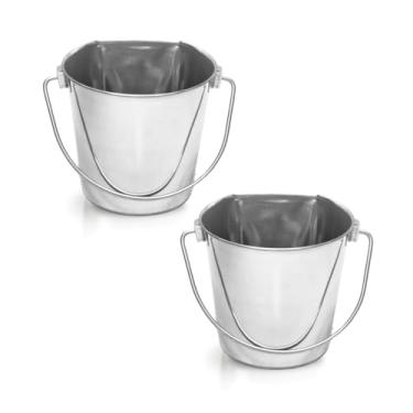 Imagem de AASPIRE PETS Balde lateral plano de aço inoxidável de 6 litros, 2 peças | Baldes de alimentação de água e alimentos resistentes duráveis para cães e ovelhas GG | Serve para gaiolas de canis | Balde