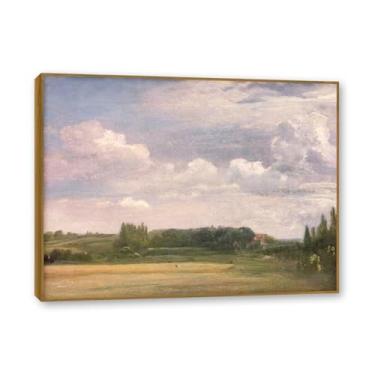 Imagem de Moldura de teca. Arte em tela romantismo estilo constável, (sem título 13), pintura de paisagem inglesa emoldurada, decoração de parede elegante para sala de estar escritório. 70 x 90 cm - 27,6 x 35,4