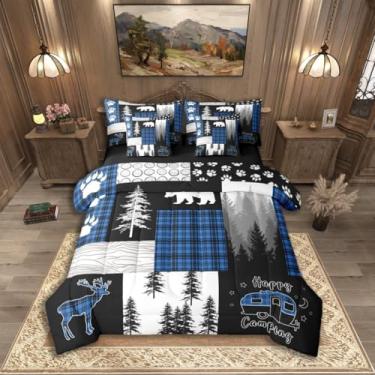Imagem de Erosebridal Conjunto de cama rústica, 7 peças, cabana rústica, conjunto de edredom para caça de veado, cama campestre em uma bolsa com lençóis, colcha xadrez de búfalo azul e preto para trailer