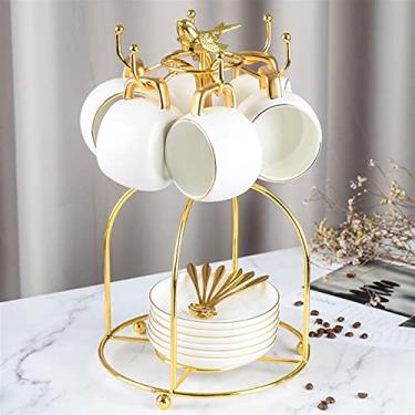 Imagem de HHHJQFAAT Conjunto de canecas de café de cerâmica, 170 g e pires 6, 6 colheres, com suporte de xícara de café Golden Bird Chávenas de chá extravagantes, chá de flores (A) (B)