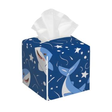 Imagem de Porta-lenços de papel quadrado de couro à prova d'água animal tubarão estrela bonito organizador de papel facial com cinto inferior cubo estojo de lenços para mesa banheiro escritório mesa carro