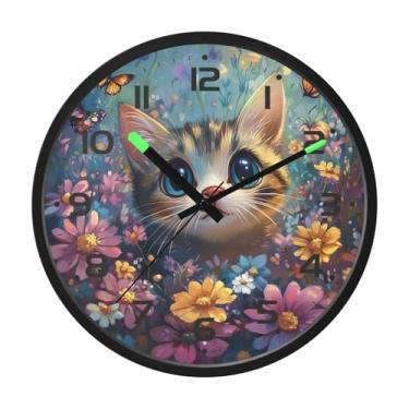 Imagem de SEHANY Relógio de parede de gato fofo, silencioso, sem tique-taque, operado por bateria, controle de som, luz noturna, relógios de parede para sala de estar, cozinha, quarto, escritório, decoração de