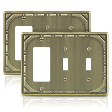 Imagem de Combinação de metal para interruptores de luz, placa de parede, 2 interruptores/1 placa decorativa, latão antigo, placa de parede decorativa de 3 grupos - estilo retrô clássico, pacote com 2