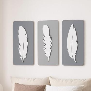 Imagem de Kit 3 Quadros Decorativos em MDF com Penas para Sala Quarto Escritório(Cinza)