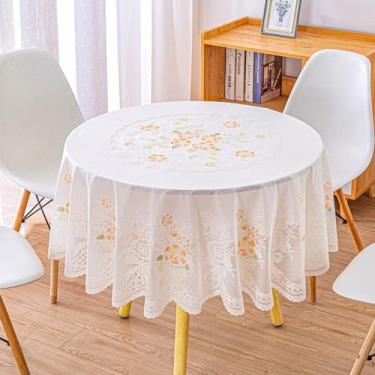 Imagem de Toalha de mesa impermeável de vinil PVC 152 cm, toalha de mesa floral de renda branca retangular de plástico, toalha de mesa resistente, capa de mesa limpável para cozinha, uso externo e interno
