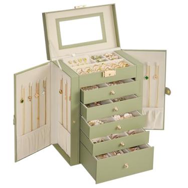 Imagem de SONGMICS Organizador de caixa de joias de 6 camadas com 5 gavetas, estojo de armazenamento de joias com trava e espelho, grande capacidade de armazenamento, presente para entes queridos, para colares