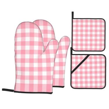 Imagem de Conjunto de luvas de cozinha estampadas xadrez com suportes de tampa, luvas de forno resistentes ao calor para manusear panelas quentes, grelhar, churrascos, kit de 4 peças.