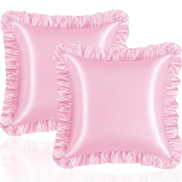 Imagem de Eychei Conjunto de 2 fronhas de travesseiro de babados rosa, 45,7 x 45,7 cm, fronhas de cetim para cabelo e pele, fronha de seda com fecho de envelope, fronha com babados antirugas para sofá, cama