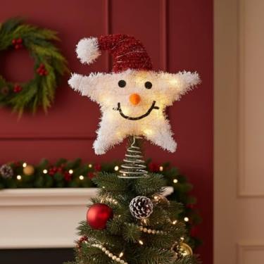 Imagem de JOINPAYA Topo de árvore de Natal estrela de boneco de neve: boneco de neve brilhante iluminado com luzes de LED decoração para festas de fim de ano, celebrações sazonais (sem bateria)