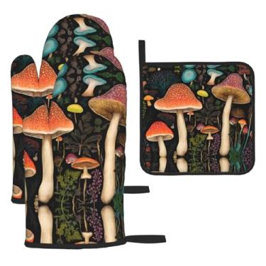 Imagem de Conjunto de cozinha essencial de 3 peças com estampa de cogumelos, luvas resistentes ao calor e alça de tampa, proteção para churrasco no forno, design de armazenamento suspenso.