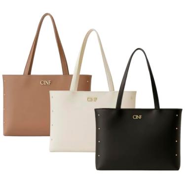 Imagem de Bolsa Feminina Sacola Grande Kit Com 3 Peças Universitária De Ombro (Preta-Marfim-Amêndoa)