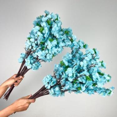 Imagem de Kit Buquês de Flores de Cerejeira e Pessegueiro Artificial 65CM Decoração Oriental Casa Festa Evento(20,Verde Água)