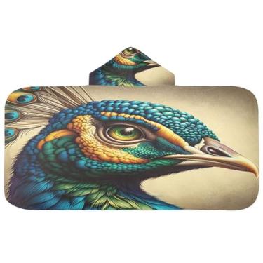 Imagem de Burbuja Toalha de banho com capuz de cabeça de pavão para crianças, toalha de praia de pelúcia macia absorvente para meninas e meninos 3-10 anos, 61 x 127 cm