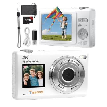Imagem de Câmera digital, câmera para vlogs, câmera fotográfica 48MP 4K - Câmera digital compacta com tela dupla, cartão de 32 GB, zoom digital de 16x e estabilizador de imagem para e iniciantes. (branco)