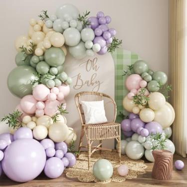 Imagem de Kit de guirlanda de arco de balão rosa pastel verde empoeirado roxo 124 peças de balões rosa macaron com enchimento duplo verde claro verde sálvia roxo amarelo macaron para decorações de festa de