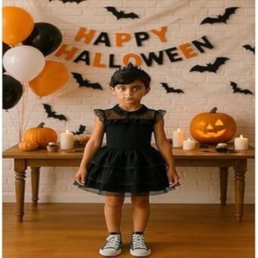 Imagem de Vestido roxo e preto para crianca, chapeu, saia rodada, fantasia, grande e legal