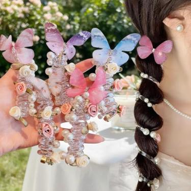 Imagem de Cordão de telefone vintage borboleta para mulheres – alta elasticidade, suportes de rabo de cavalo em espiral sem vincos com flores e pérolas, perfeito para tranças e ondas, laço de cabelo de