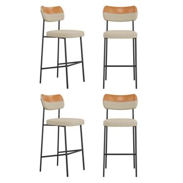 Imagem de Kit 04 Banquetas Altas Cozinha Lila Estofada Com Encosto Couríssimo Whisky Linho Bege - Desk Design