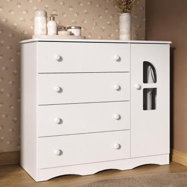 Imagem de Cômoda Infantil 95cm 1 Porta Com Vidro E 4 Gavetas Liz Multimóveis MP4515 Branco
