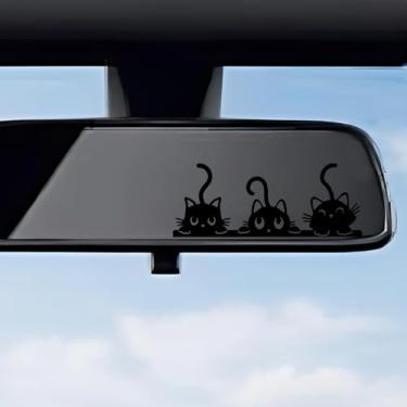 Imagem de Adesivo de vinil com espelho retrovisor, 4 peças, três gatos fofos, impermeável, acessórios para carros, decoração multiuso para banheiros e computadores (preto)