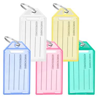 Imagem de 20 etiquetas de chaveiro com etiquetas, etiquetas de plástico resistente, etiquetas de identificação de 5 cores, etiqueta de bagagem com janela de etiqueta de anel dividido