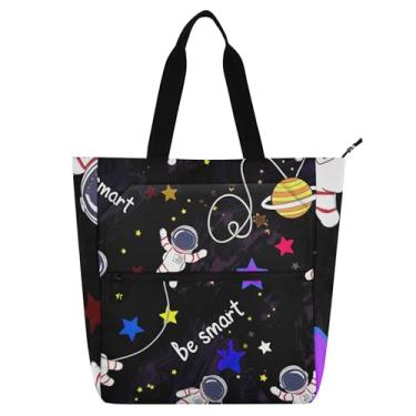 Imagem de Sacola feminina fofa de astronautas preta para trabalho, lona, praia, livro, com zíper, bolsas de tecido, presente para amantes de livros