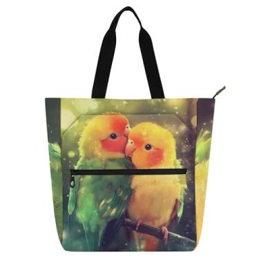Imagem de GAIGEO Linda bolsa de mão Lovebirds verde amarela para mulheres, crianças, escola, trabalho, com zíper, bolsa de viagem de lona
