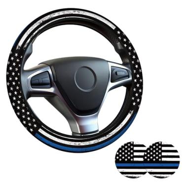 Imagem de Blue Line Capa de volante com bandeira americana para mulheres e homens, antiderrapante de neoprene de alta elasticidade, acessórios de carro, capas de volante, universal de 38 cm para carros, SUVS