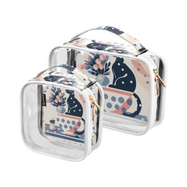 Imagem de GAIGEO Conjunto de bolsas de higiene pessoal transparentes, quadradas, geométricas, quadradas, pretas e brancas, bolsa de viagem cosmética, pacote com 2, Vaso de planta azul, pintura decorativa de