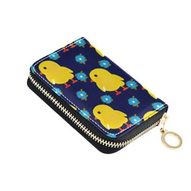 Imagem de Carteira feminina feminina com zíper em torno de porta-cartões com bloqueio de RFID, pintinhos amarelos, flores azuis, azul-marinho, zíper, carteira de viagem com chaveiro