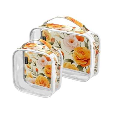 Imagem de GAIGEO Conjunto de bolsa cosmética transparente de flor de peônia rosa, bolsa de cosméticos com zíper duplo, bolsa de higiene pessoal tamanho viagem para mulheres, pacote com 2, Flores e rosas