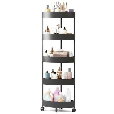 Imagem de Loya Comforts Prateleira de armazenamento de canto durável de 5 camadas com rodas – suporte triangular para organizadores e armazenamento de banheiro – Plástico preto que economiza espaço