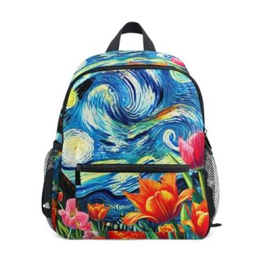 Imagem de GAIGEO Tulip Flowers Starry Night Backpack for Baby Backpack for Toddler Girls with Front Pocket, Safety Whistle for Ages 3-8