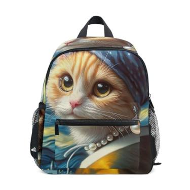 Imagem de GAIGEO Cute Cat Starry Night Children's Backpack with Whistle, 2 Bottle Pockets, Lightweight, Kindergarten Backpack 10x4x12 In, for Ages 3-8