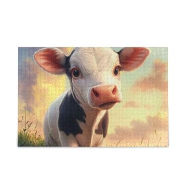 Imagem de Quebra-cabeças fofos de vaca leiteira, papel e madeira, 1000 peças para adultos com bolsa de armazenamento