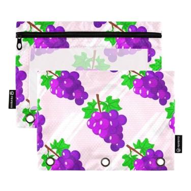 Imagem de Pasta de lápis rosa com 3 anéis de desenho animado uvas roxas com zíper rosa estojo de lápis fichário transparente tecido escolar 25 cm x 18 cm, 2 pacotes