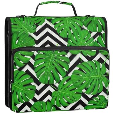 Imagem de Organizador de fichário com zíper folhas tropicais verdes em ziguezague 3 fichários de 3 anéis de 3 cm D com alça pasta de armazenamento de bolsa de ensino médio com alça, 34,5 x 31,5 x 9 cm