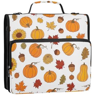 Imagem de Organizador de fichário com zíper abóbora girassol outono branco 3 argolas anel D bolsa grande para fichários escolares com alça de ombro pasta de armazenamento com alça, 34,5 x 31,5 x 9 cm