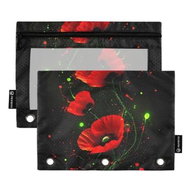 Imagem de GAIGEO Pasta de lápis com 3 anéis de flores de papoula vermelha preta com zíper bolsa para lápis para estudantes escolares bolsos de giz de cera 25 cm x 18 cm, 2 pacotes
