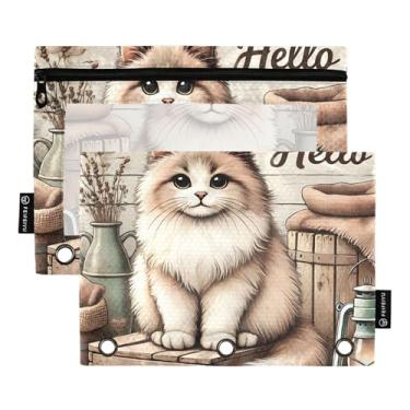 Imagem de GAIGEO Pasta feminina com 3 anéis, bolsa para lápis, fichário com zíper, bolsos transparentes para escola, desenho animado, gato, bege, 25 x 18 cm, 2 pacotes