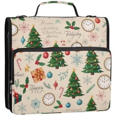 Imagem de Árvore de Natal bege organizador de fichário com zíper 3 argolas de 3 anéis fichários resistentes com alça bolsa escolar de ensino médio, vários bolsos, pasta grande para portfólio, 34,5 x 31,5 x 9 cm