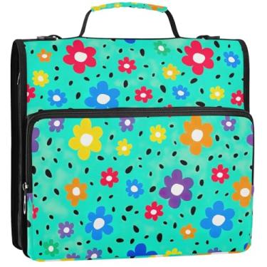 Imagem de Fichários de 3 anéis de 3 argolas para serviço pesado margarida Aqua com zíper, fichário organizador com alça, bolsa escolar básica, pasta de portfólio com alça, 34,5 x 31,5 x 9 cm