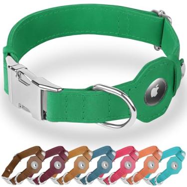 Imagem de BUDKAS Coleira de couro para cães com suporte para Airtag - Coleira macia ajustável para cães com fivela de metal - Rastreamento GPS Apple Air Tag Coleira para cães pequenos e grandes (verde, P