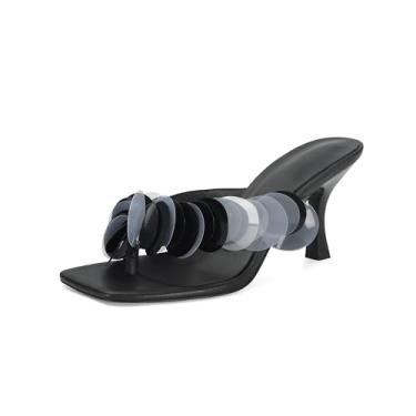 Imagem de XBKXMK Chinelo de salto feminino quadrado aberto com tiras sandálias elegantes de salto gatinho com tiras de disco de plástico confortável deslizante, Preto, 41