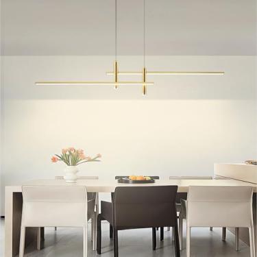 Imagem de Luminária pendente LED moderna para ilha de cozinha, com altura ajustável, ideal para restaurantes, com intensidade regulável de 10% a 100%, design linear para mesas de bar e café (dourada,