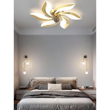 Imagem de Ventilador de teto com luminária LED moderna, silencioso e criativo, em formato de flor, com controle remoto, intensidade de luz ajustável e 6 velocidades, ideal para quarto e sala de estar