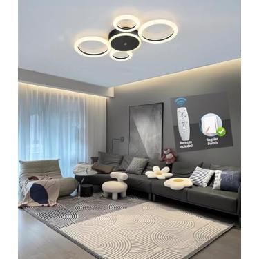 Imagem de Luminária de teto LED moderna para interiores, com intensidade regulável, para sala de estar, com controle remoto, ideal para quarto, sala de jantar e escritório (preta, 5 anéis).
