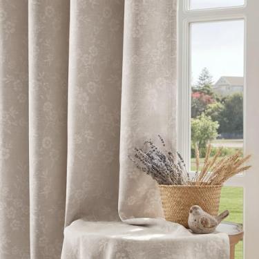 Imagem de Beauoop Cortinas blackout jacquard floral bege 213 cm de comprimento, 2 painéis para sala de estar, quarto, chenille, sala de flores, escurecimento térmico, isolamento térmico, ilhós à prova de som